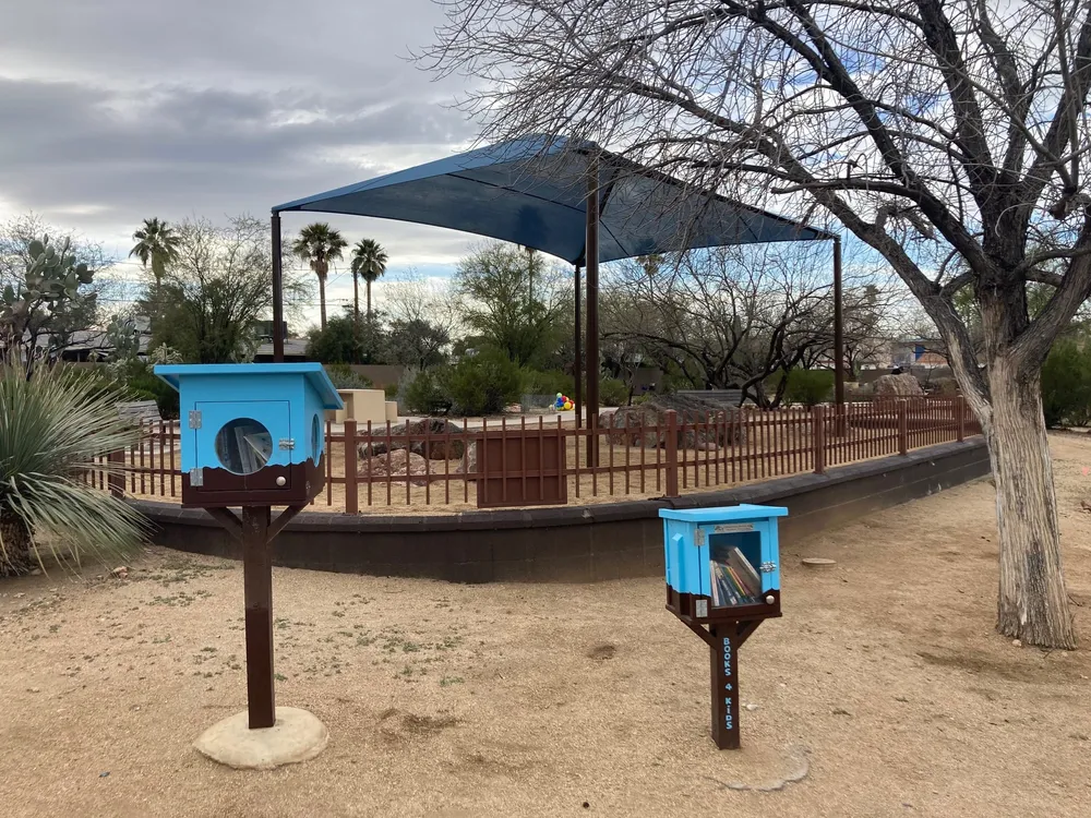 Two Little Free Library boxes at the Miramonte Pocket Park