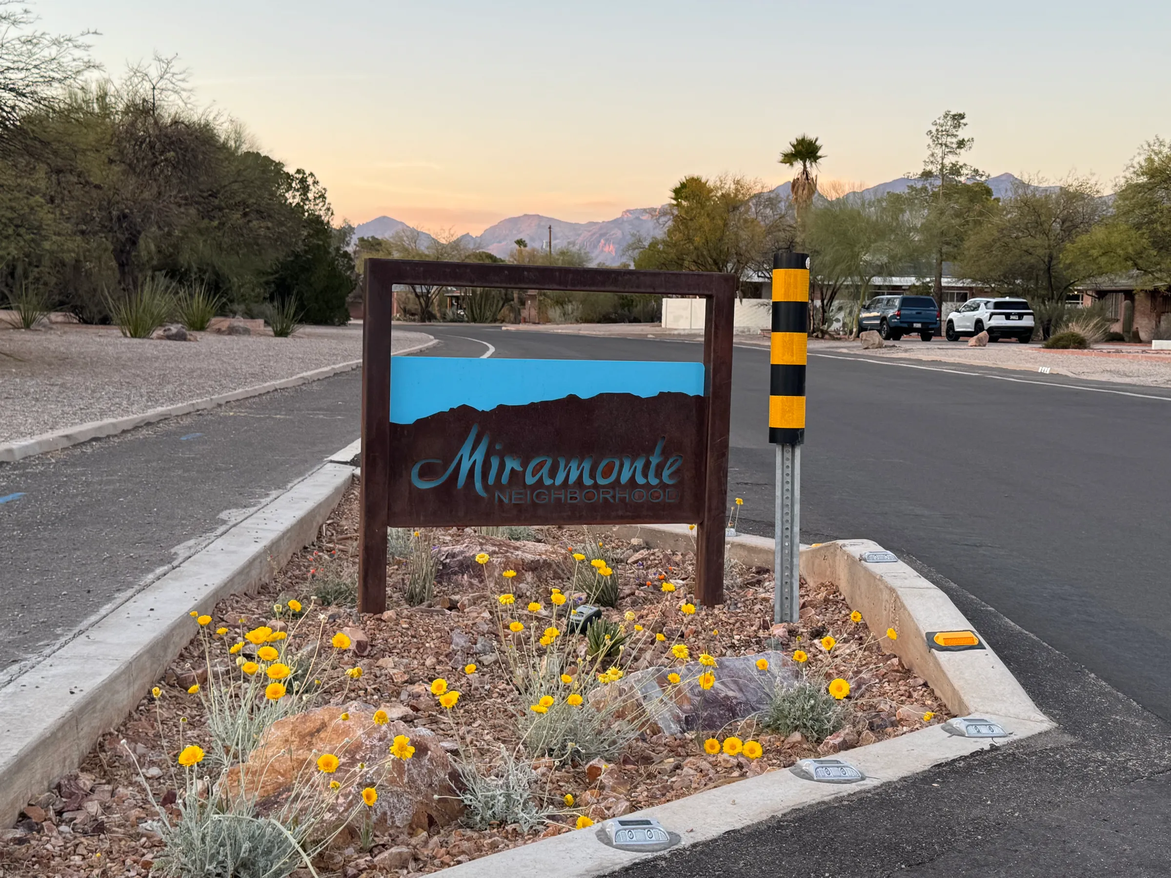The Miramonte neighborhood sign at sunset, in a median planted with desert wildflowers, with the Santa Catalina Mountains behind